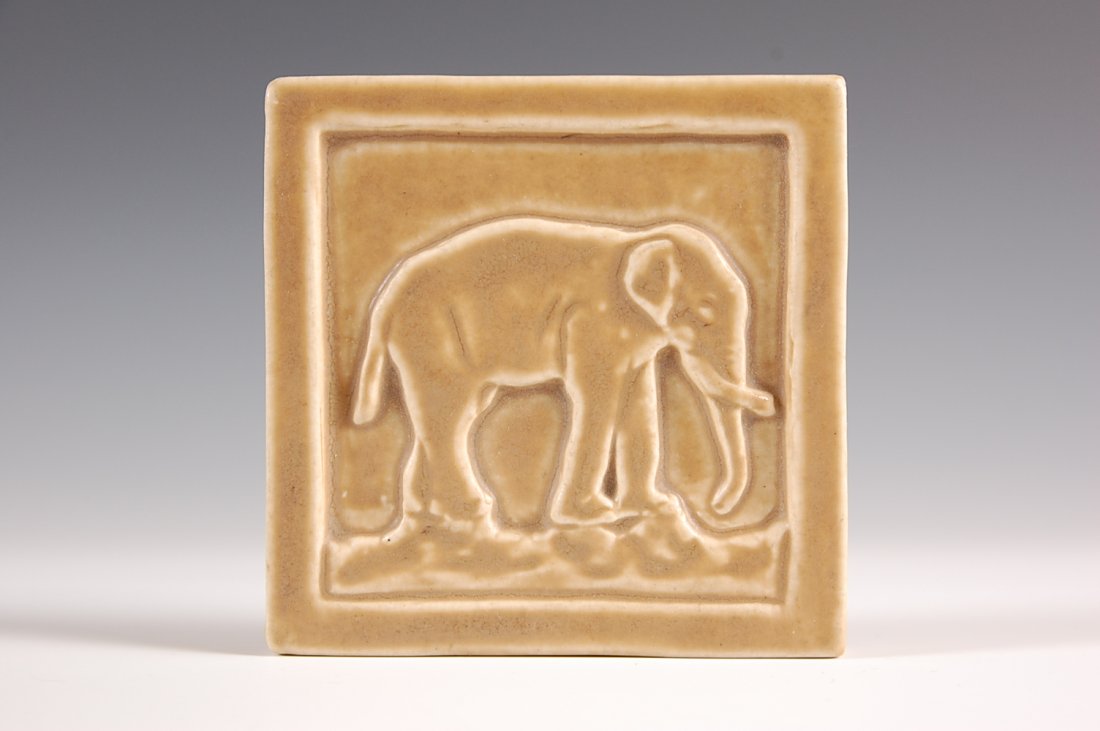 1909 ROOKWOOD ART POTTERY TILE WITH ELEPHANT: Number 2054. Measures 3.75 inches.