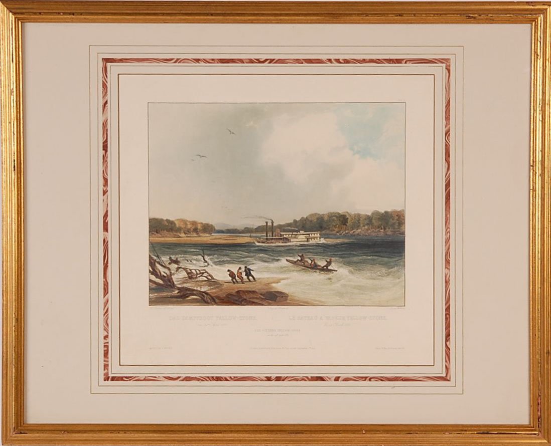 KARL BODMER ETCHING 'THE STEAMER YELLOWSTONE 1833': Title: The Steamer Yellowstone April 1833. An etching with aquatint, plate 4 from the book Travels in the Interior of North America. Published by Ackerman and Company, London, 1840. Karl Bodmer blind 