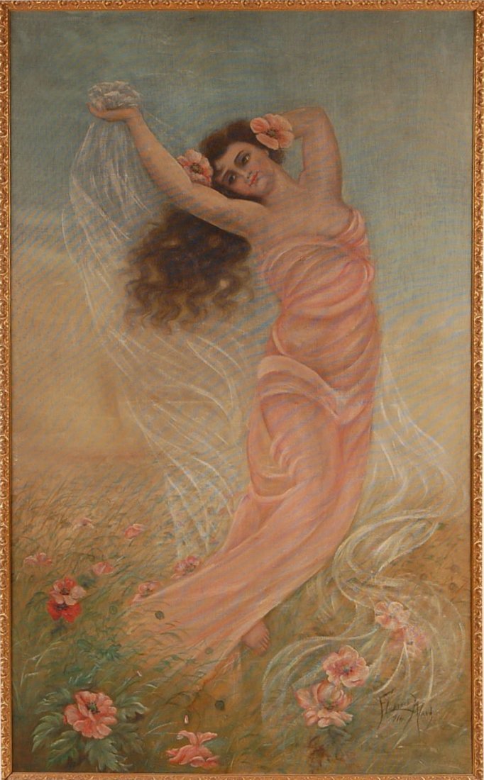 LARGE ART NOUVEAU OIL ON CANVAS, FLORENCE WARD 1914: Signed Florence Ward 1914 lower left corner. Measures 60.5 x 37 inches.