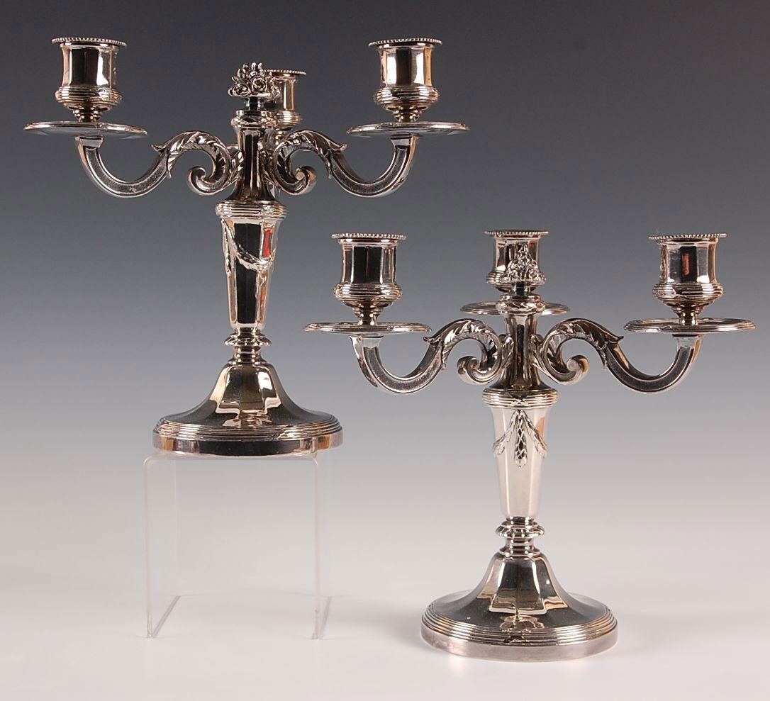 PAIR THREE ARM SILVER PLATED CANDELABRA: Measure 9 x 9 inches each.