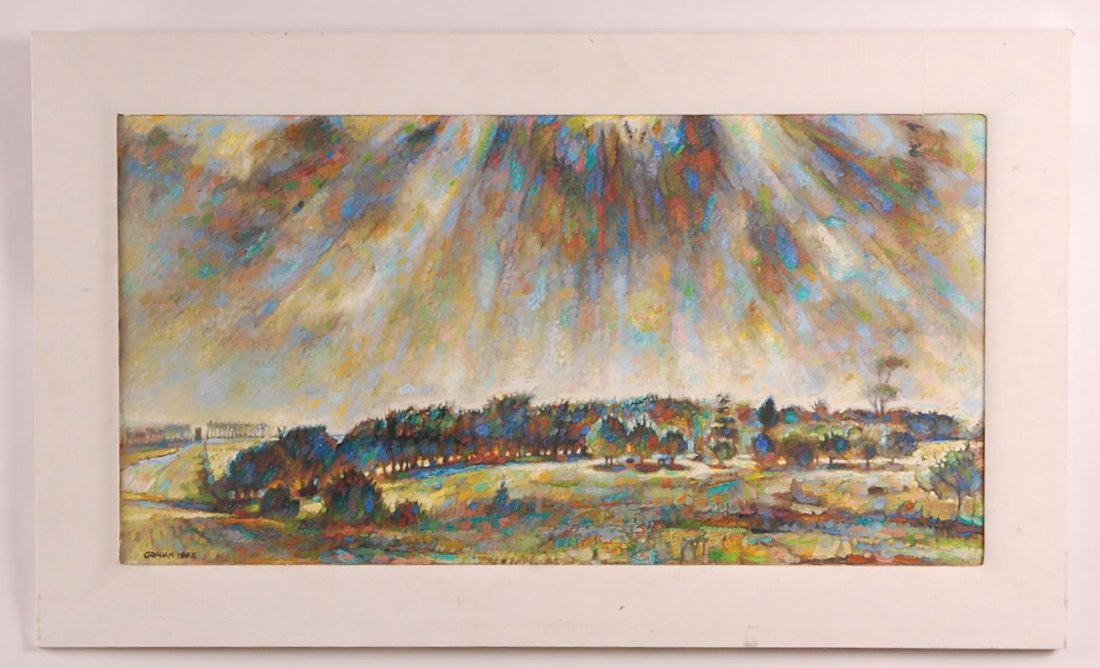 ROBERT MCDONALD GRAHAM MISSOURI (1919-2000) OIL ON PANE: Signed lower right with date of 1963, titled the 'Osage Orange Hedge' on the reverse. Overall framed size of 23 x 38 inches.