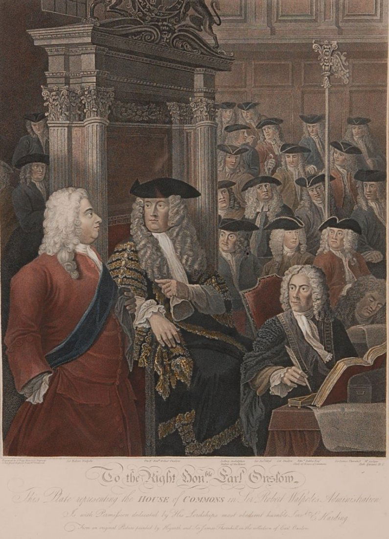 1803 HAND COLORED ETCHING, HON. EARL ONSLOW: Engraved by A. Fogg, historical engraver to his Royal highness prince William Frederick. Published by E. Harding, 1803. Overall framed size of 29 x 23 inches.