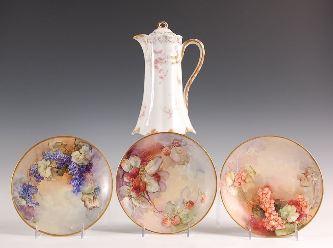 LOT OF ANTIQUE LIMOGES CHINA INCLUDING HAVILAND: Haviland chocolate pot measures 10" x 6" and plates measure 8.5".