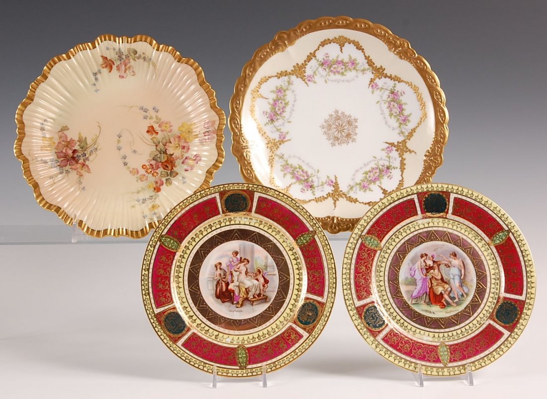 FOUR GOOD PORCELAIN CABINET PLATES: Royal Worcester, Limoges, and over glaze beehive mark signed Angelica Kauffman. Sizes from 7.5" to 9".