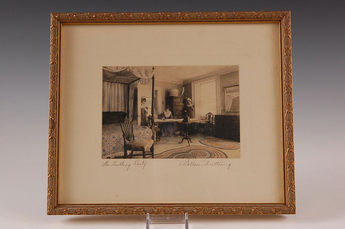 WALLACE NUTTING SIGNED INTERIOR 'THE QUILTING PAR: Signed lower right, titled 'The Quilting Party' lower left. 4.5 x 6.75 inch image field, 10 x 12 inch frame.