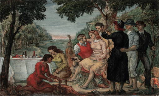 ALBERT PELS (1910-1998) OIL ON CANVAS 'THE PICNIC': Albert Pels (1910-1998) The Picnic Circa 1940 The large American genre scene oil on canvas is signed lower right in red pigment. Albert Pels was an American Social Realist mural painter and WPA artist