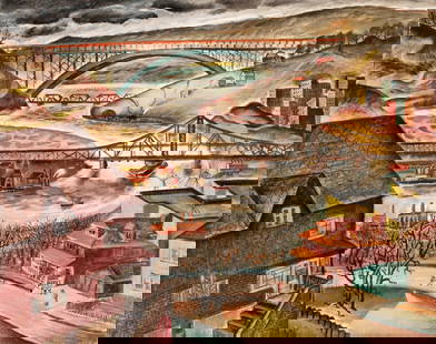 LEON BIBEL (1912-1995) NY WPA ARTIST OIL ON CANVAS: Leon Bibel (1912-1995) Harlem River Bridge Circa 1938 The social realist cityscape is signed along the lower edge, to the left of center. It is a classic WPA-era depiction rich with narrative and move