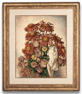 CLARENCE H. CARTER (1904-2000) DOUBLE-SIDED OIL/CANVAS: Clarence Holbrook Carter (1904-2000) Untitled Still Life | Woman with FUCHSIA 1935 The expressive, loosely brushed still life of zinnias and statuette, signed and dated lower right front, is contraste