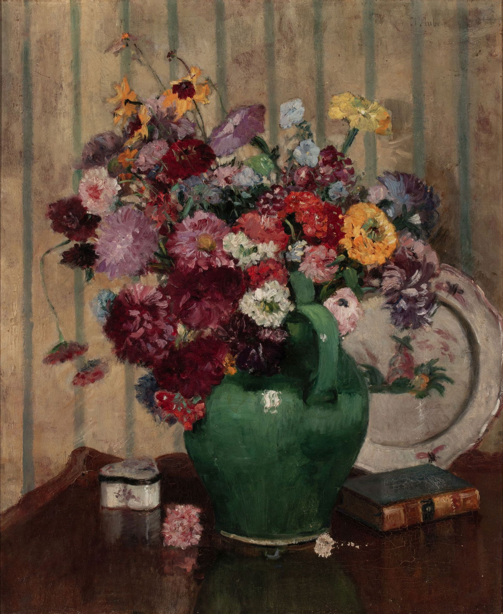 JEAN AUBERT-GRIS (1881-1972) ATTRIBUTED OIL ON CANVAS: To complete the sale of property from this estate, a watercolor by Alexis Gritchenko and a charcoal by Augustus Edwin John are included with this lot: 1. Jean Aubert-Gris (1881-1972) attributed oil on