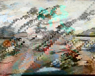 PHILIP EVERGOOD (1901-1973) EXHIBITED OIL ON CANVAS: Philip Howard (Blashki) Evergood (1901-1973) Farmers Circa 1939 The Social Realist composition with farmhands at rest is signed lower right front in black pigment. Phillip Evergood was a 'People's Pai