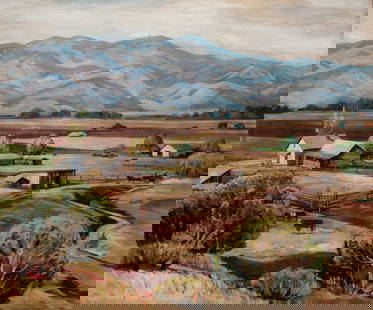 JOHN COOLIDGE WPA OIL WITH CALIFORNIA INTERNMENT LABEL: John Earle Coolidge (1882-1947) American Frontier Circa 1941 The oil on canvas view of a valley ranch below California foothills is signed lower left front with attribution verso on a label from the S
