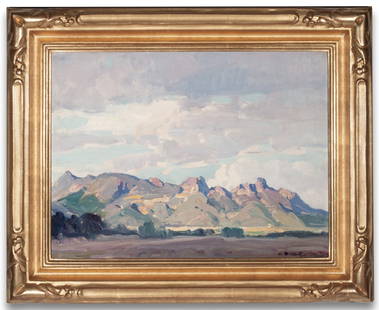 HANSON PUTHUFF (1875-1972) OIL ON ARTIST'S BOARD: Hanson Duvall Puthuff (1875-1972) Hills of Tempe Third quarter of the 20th century. The plein air view of desert floor and distant hills in soft atmospheric light is signed lower right front. Hanson P