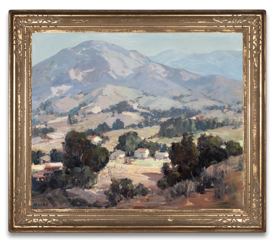 IRA SLACK (1890-1956) CALIFORNIA OIL ON CANVAS: Ira Samuel Slack (1890-1956) Sunland Valley Circa 1930 The view of a farmstead in the valley below California foothills, displayed in an outstanding frame of the period - presumably the original - is 