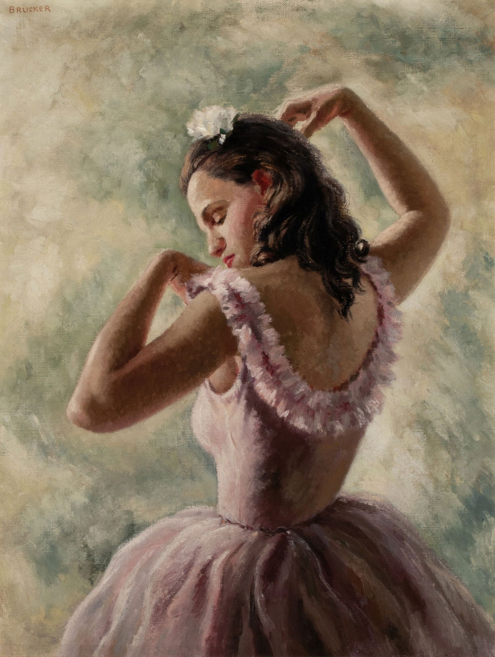 EDMUND BRUCKER (1911-1999) OIL ON CANVAS: Edmund Brucker (1912-1999) The oil on canvas is signed upper left and displayed in a frame with custom carved corners. Canvas measures 36 x 28 with a framed size of 41.25 x 33.25 inches. Without proof