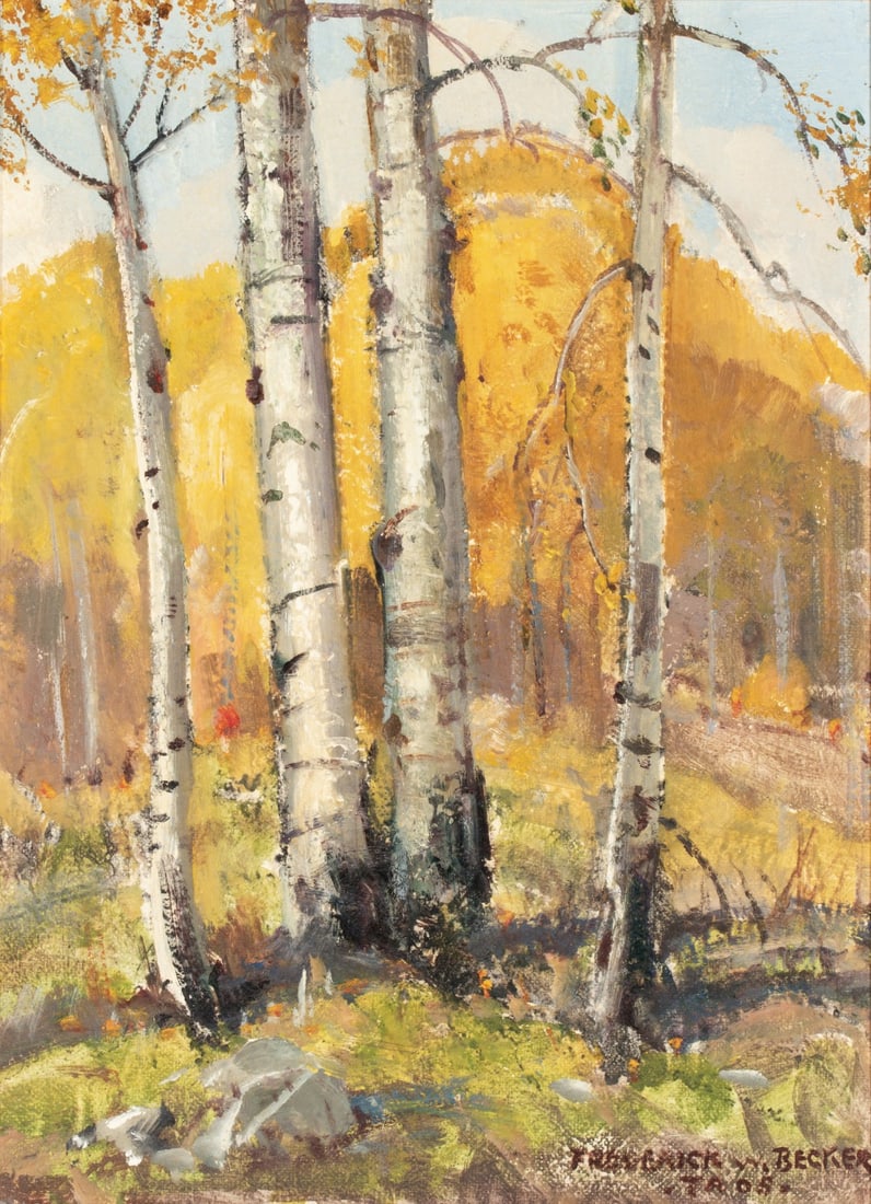 FREDERICK W. BECKER (1888-1974) OIL ON ARTIST'S BOARD: Frederick William Becker (1888-1974) Untitled (Taos Aspen) Mid 20th Century The study of birch in autumn is signed lower right and inscribed Taos. Board measures 11.75 x 8.75 with a framed size of 17