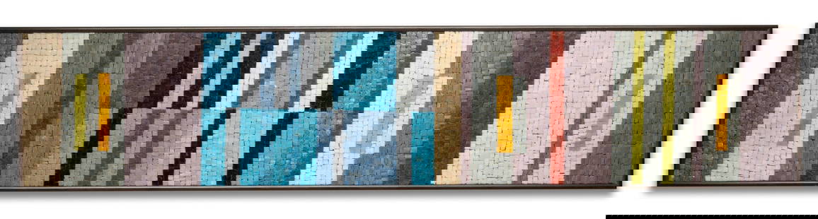EVELYN ACKERMAN (1924-2012) GLASS MOSAIC PANEL C. 1960: Evelyn Ackerman (1924-2012) Adhara # 602 Circa 1960 The glass mosaic facade is composed of thousands of pieces of glass in fifteen colors, It is displayed in the maker's original frame with era INDUST