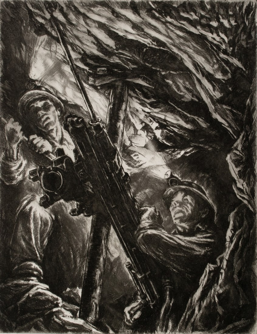 IRWIN HOFFMAN (1901-1989) PENCIL SIGNED ETCHINGS (3 ): Irwin D. Hoffman (1901-1989) 1. Drilling in Ore (variant title Rocks and Man), plate measures 13.75 x 11, sheet is 19 x 15.5 inches. 2. Drilling in Ore (variant title Rocks and Man), Plate measures 14