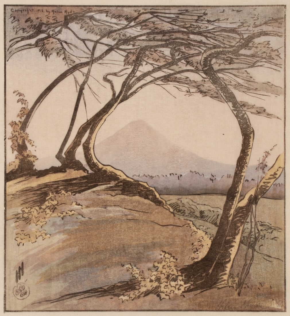 HELEN HYDE (1868-1919) COLOR WOODBLOCK PRINT: Helen Hyde (1868-1919) Mt. Orizaba from Jalapa, Mexico 1912 The color woodblock print is signed by the artist in pencil within the image lower right and bears her monogram lower left with copyright up