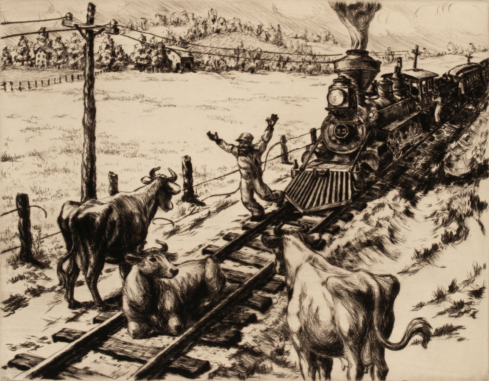 EDMOND GRANVILLE (1905-1969) PENCIL SIGNED ETCHING: Edmond Mario Granville (1905-1969) The Broken Fence 1945 The lithograph from an edition of 250 prints published by Associated American Artists is signed by the artist in pencil below the image lower n