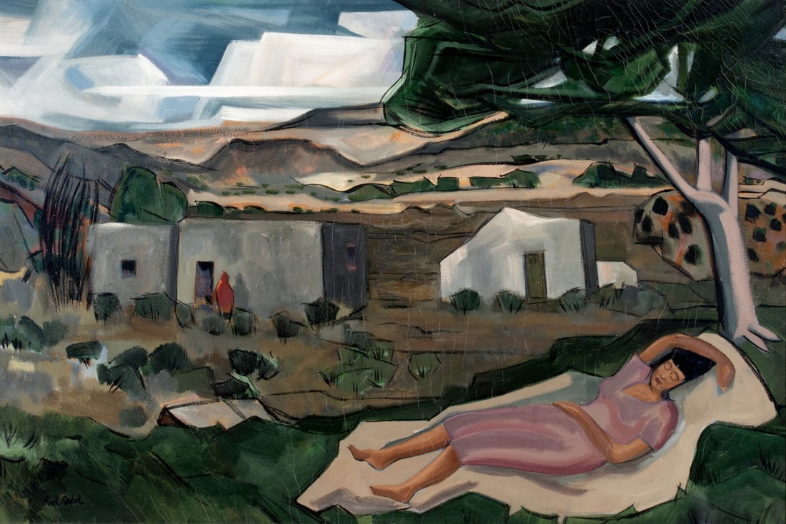 DOEL REED (1895-1985) OIL ON CANVAS: Doel Reed (1895-1985) Reclining Figure in a Southwest Landscape Mid 20th Century The Modernist Southwest landscape with angular planes of color in Reed's distinctive style is signed lower left. Canvas