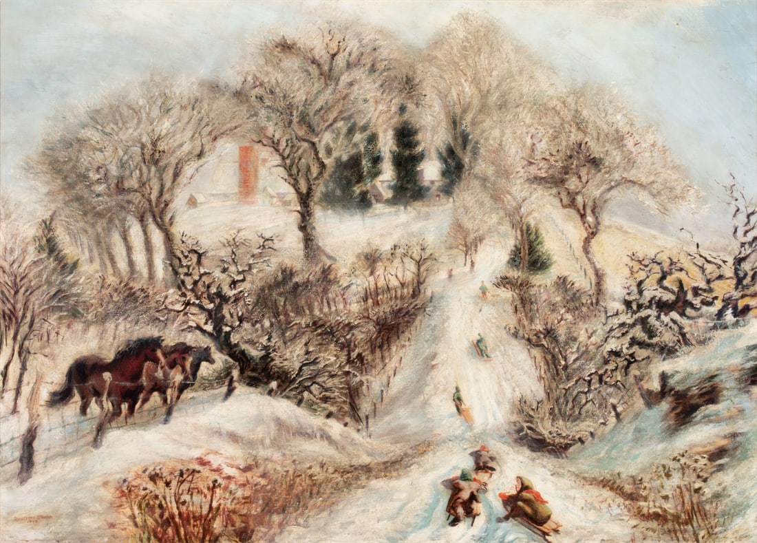 ROBERT MacDONALD GRAHAM (1919-2003) TEMPERA ON PANEL: Robert MacDonald Graham Jr. (1919-2003) A Winter Scene 1948 The egg tempera on a masonite panel with oil glazes, signed and dated lower left, titled verso. Board measures 17 x 24 with a framed size of