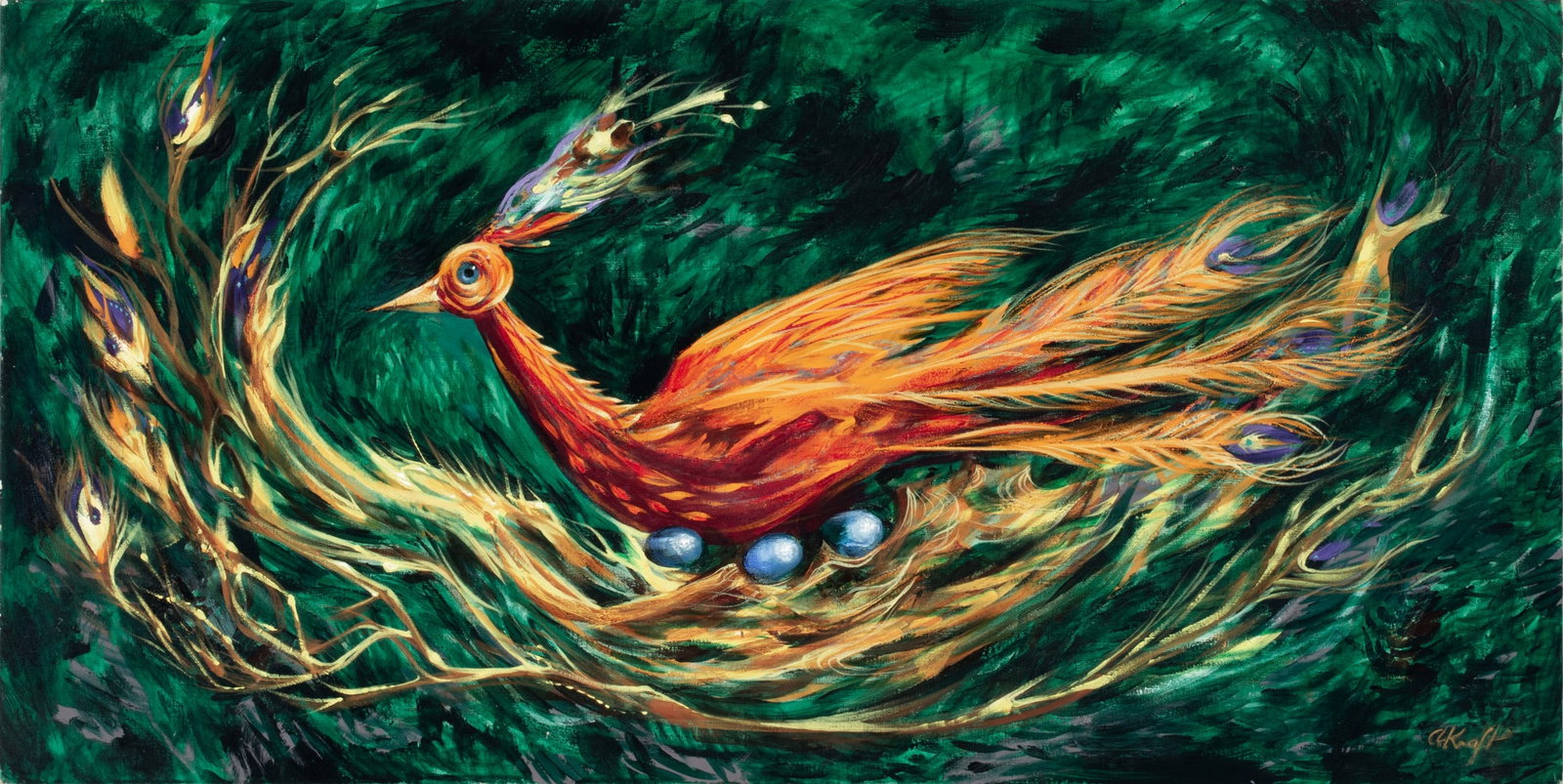 ARTHUR KRAFT (1922-1977) ACRYLIC ON CANVAS: Arthur M. Kraft (1922-1977) Bird of Paradise Third quarter of the 20th century. The depiction of a mythical peacock-like bird in a whirl with peacock feather eye motifs is signed lower right. Peacocks