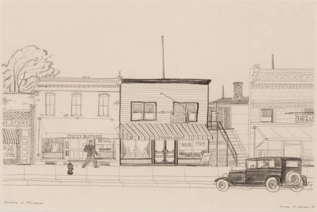 DALE NICHOLS (1904-1995) GRAPHITE SKETCH ON PAPER: Dale William Nichols (1904-1995) Sunday in Palmyra 1935 The archivally framed and matted work on paper depicting a Midwest main street in 1935 is titled lower left, signed and dated lower rig. Image m
