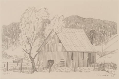 DALE NICHOLS (1904-1995) GRAPHITE SKETCH DATED 1935: Dale William Nichols (1904-1995) Old Barn 1935 The archivally framed and matted work on paper is titled lower left, signed and dated lower right. Image measures 6 x 10.25 with a framed size of 22 x 18