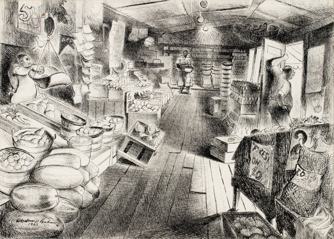 ROBERT MacDONALD GRAHAM (1919-2003) PEN AND INK: Robert MacDonald Graham Jr. (1919-2003) 1962 The exuberant and exceptionally well-drafted work on paper is executed in great detail and signed lower left. Sight size measures 16.75 x 23.5 with a frame