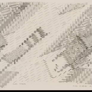 DALE NICHOLS (1904-1995) GRAPHITE SKETCH ON PAPER: Dale William Nichols (1904-1995) Cabin Interior 1935 The archivally framed and matted work on paper is titled lower left, signed and dated lower right. Image measures 6.25 x 6.75 with a framed size of