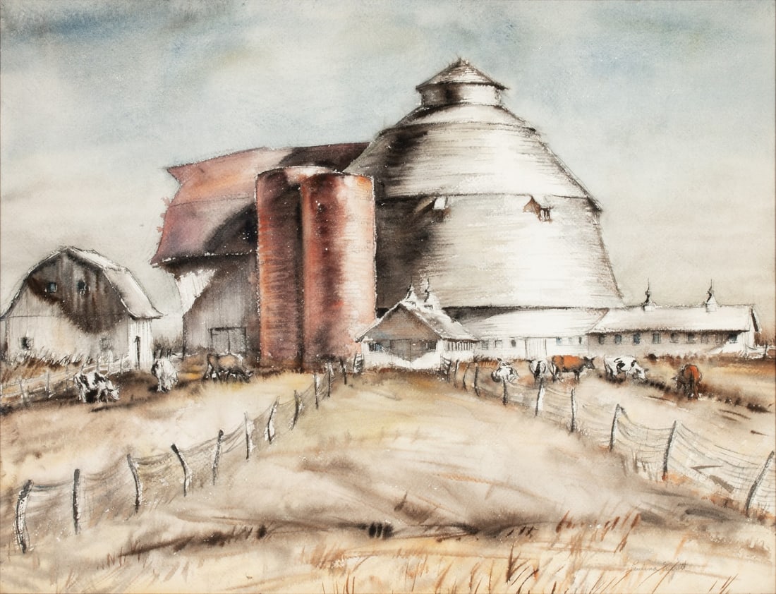 PAULINA EVERITT (1905-1996) WATERCOLOR ON PAPER: Paulina Jones Everitt (1905-1996) The Round Barn Circa 1960 The watercolor of linear perspective paper is signed in graphite lower right. Sight size measures 19 x 25 with a framed size of 21.5 x 27.25