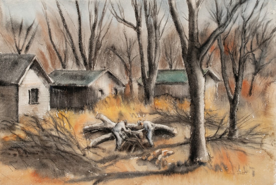 PAULINA EVERITT (1905-1996) WATERCOLOR ON PAPER: Paulina Jones Everitt (1905-1996) The Woodcutters 1935 The woodlot view with two men on a two-man saw is signed lower right. Measures 15.25 x 22.5 inches. Without proof of exemption, be aware that int