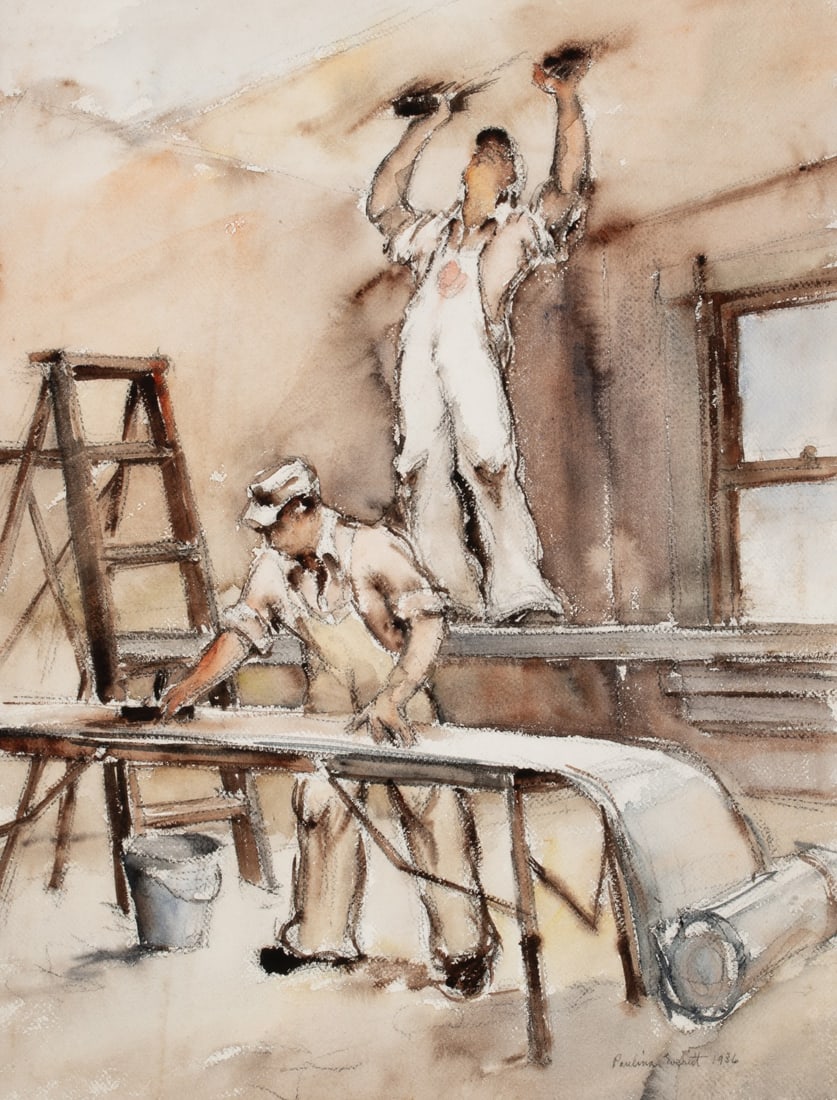 PAULINA EVERITT (1905-1996) PRIZE WINNING WATERCOLOR #1: Paulina Jones Everitt (Missouri, 1905-1996) The Paper Hangers 1936 Signed and dated lower right front. In 1936, a watercolor by Gertrude Freyman titled The Paper Hangers won second place in the waterc