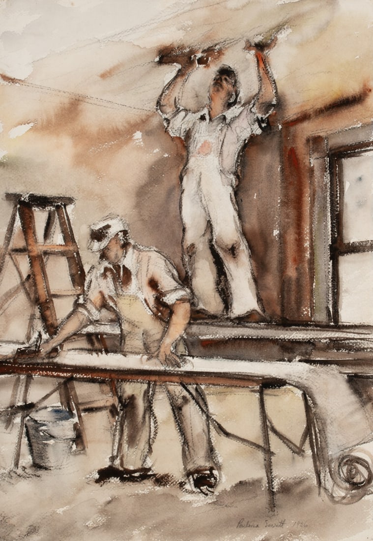 PAULINA EVERITT (1905-1996) PRIZE WINNING WATERCOLOR #2: Paulina Jones Everitt (Missouri, 1905-1996) The Paper Hangers 1936 Signed and dated lower right front. In 1936, a watercolor by Gertrude Freyman titled The Paper Hangers won second place in the waterc