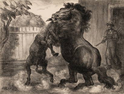 JOHN STEUART CURRY (1903-1979) PENCIL SIGNED LITHOGRAPH: John Steuart Curry (1897-1946) Stallion and Jack Fighting 1943 The lithograph from an edition of 250 prints published by Associated American Artists is signed by the artist in pencil below the image l