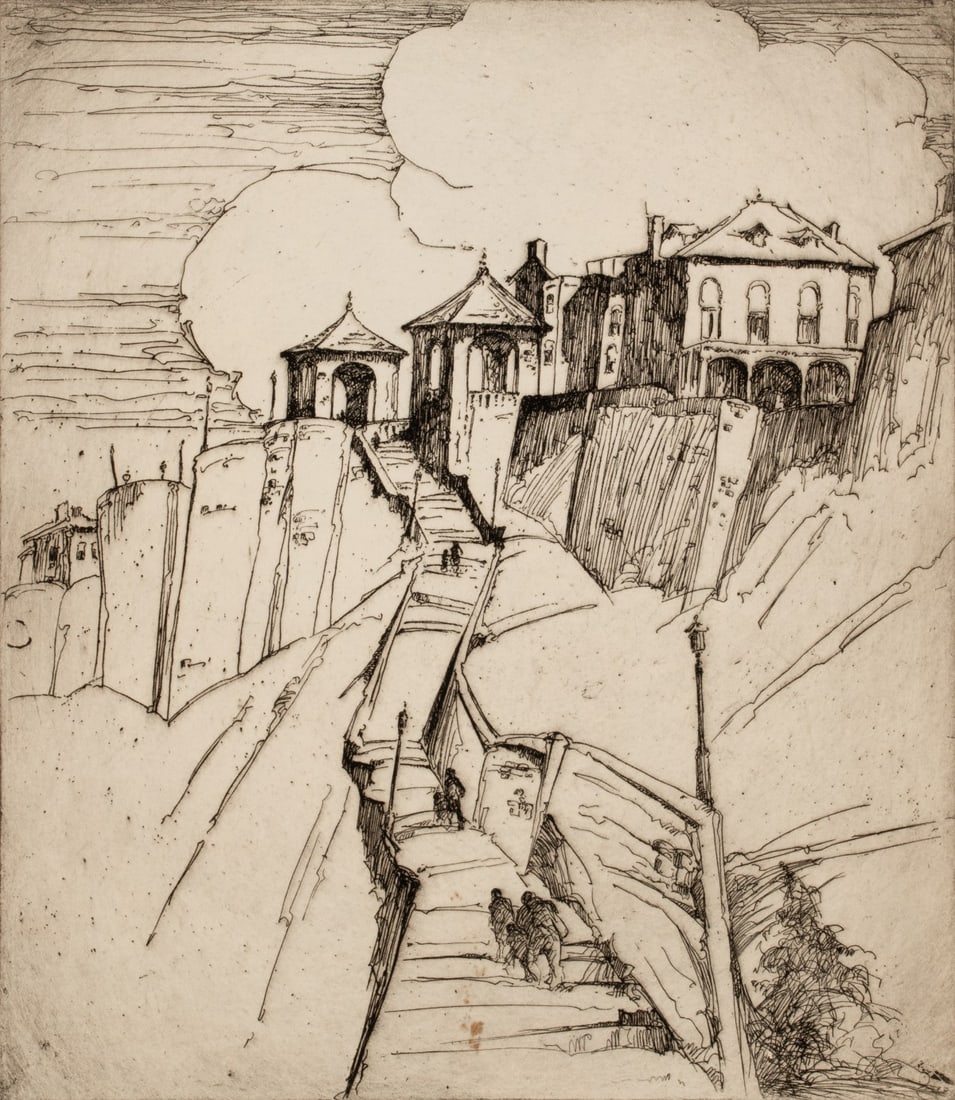 GERTRUDE FREYMAN (1901-1994) GROUP OF SIGNED ETCHINGS: Gertrude Freyman (1901-1994) Circa 1930s The group, offered as shown, is headlined by the view of Kersey Coates Drive and the steps that used to ascend the steep cut there. The grotto near the base of