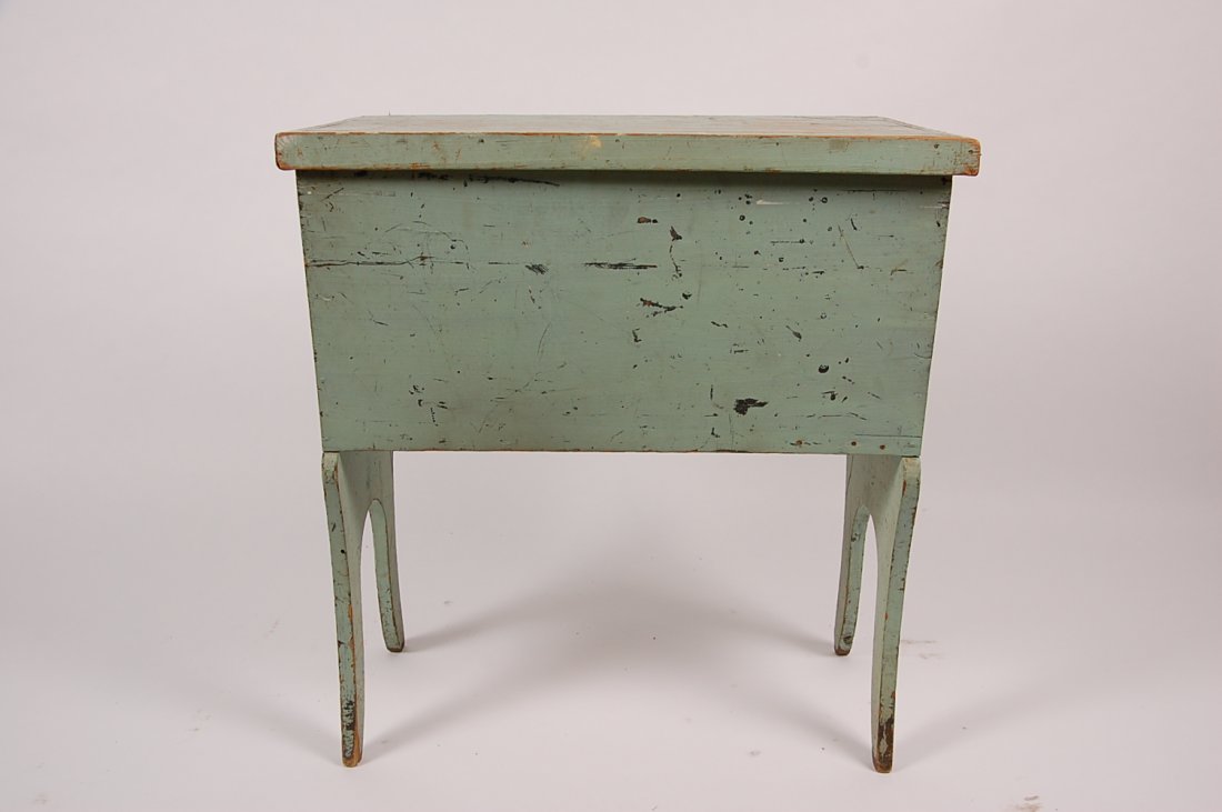 STANDING PAINTED DOUGH BOX WITH BOOT JACK ENDS: Lift top dough box with shaped cut-out ends, soft polished interior and insect effects to bottom board confirm considerable use, picture frame top one side is tongue and groove, various applications o