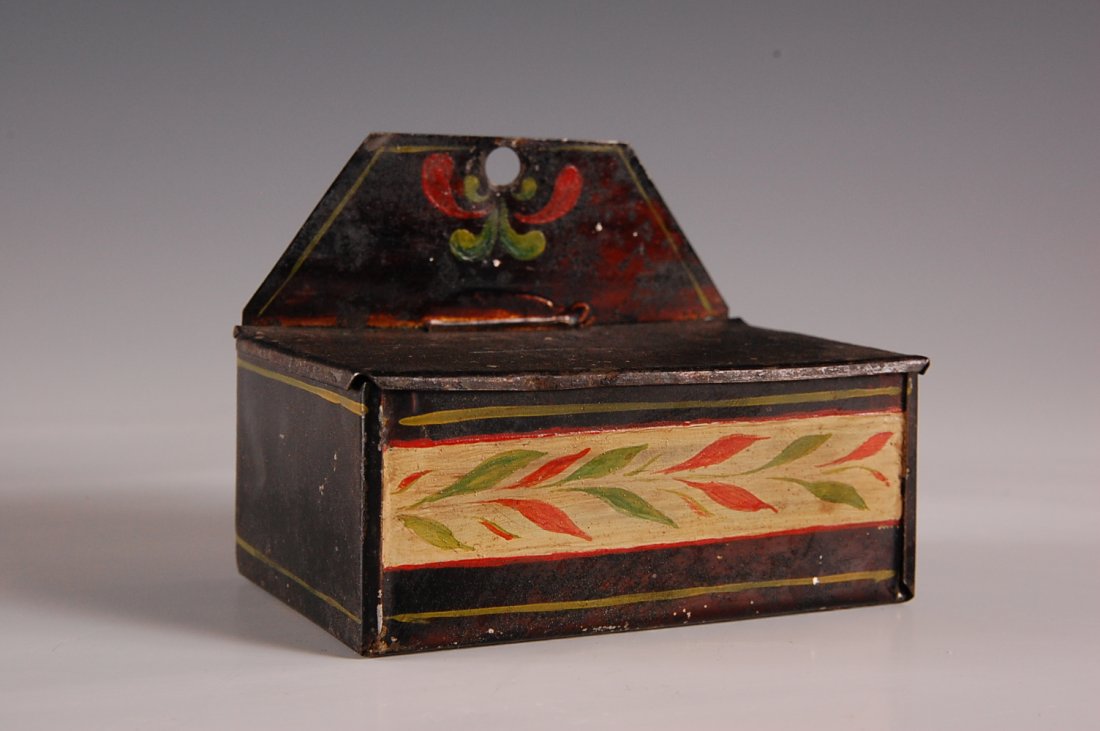 ANTIQUE TOLE DECORATED TIN MATCH SAFE: Running floral border. Measures 2.75 x 3.75 inches.