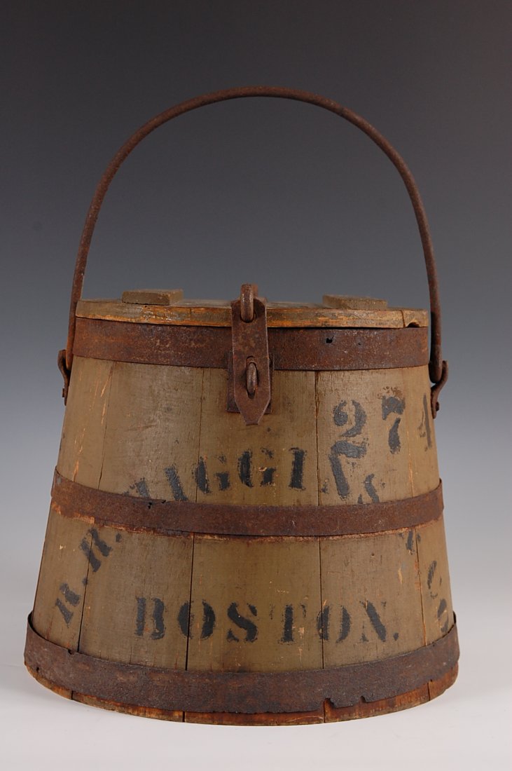 19TH C. PAINTED OYSTER BUCKET W/ BOSTON DEALER'S ADVERT: Rare Painted oyster bucket, hinged lid with iron hasp, old painted surface appears original, iron handle, staved wood sides, stenciled advertising. Measures 10.75 h x 12.25 dia inches. Reference can b