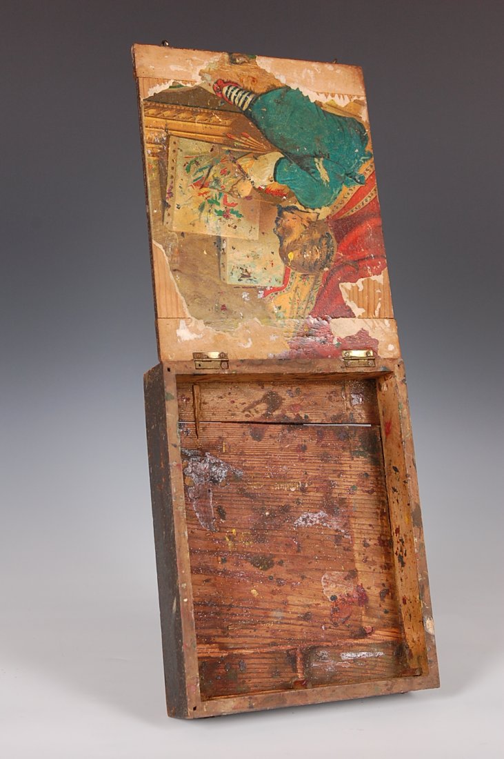 CIRCA 1890s CHILD'S GRAIN PAINTED PAINT BOX WITH EASEL: Childs decorated desk easel with grain painted surface. Pine construction, breadboard lid, mortised corner joints, mortised base, exceptional paint decorated exterior, hinged standing easel, painted s