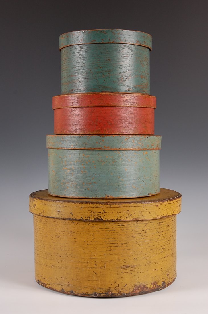 FOUR GRADUATED PANTRY BOXES IN OLD PAINT: Oak-pine woods, original surfaces, iron tack seams, minimal wear, 3 x 8.25 inches to 6.5 x 12 inches