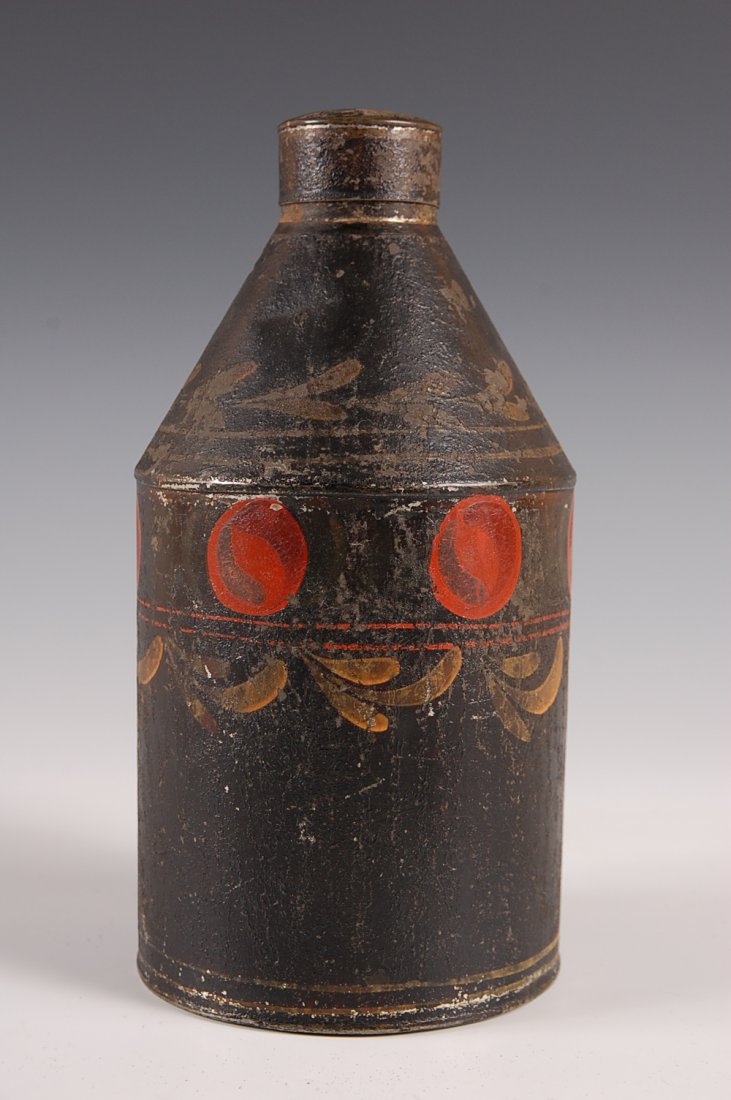 TOLE DECORATED TEA CADDY: Original hand painted tole decorated surface of apple and swag, provenance on base. Measures 8.5 x 4.25 inches.