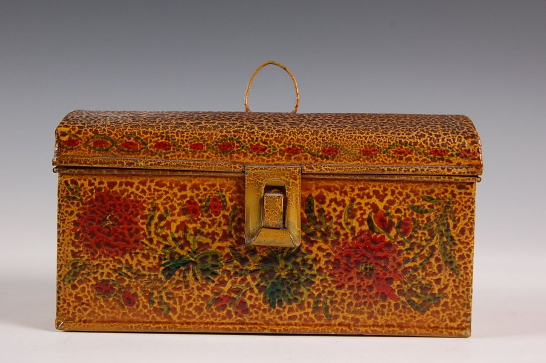 TOLE DOCUMENT BOX: Original hand painted tole decorated with heavy over varnish alligatored, measures 3.75 h x 6.75 w x 3.25 d inches.