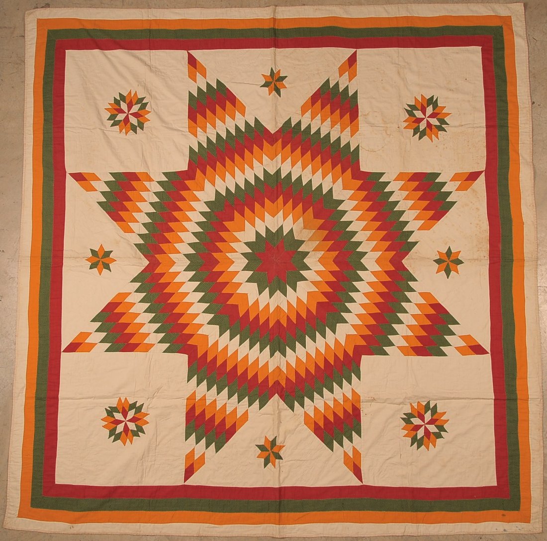 ANTIQUE 'LONE STAR' PATTERN QUILT: With side stars. Hand stitched and hand quilted, no tears, holes, stains, measures 82 x 84 inches.