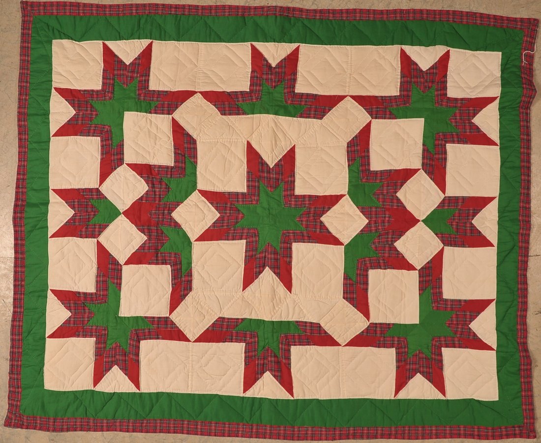 STAR PATTERN PATCHWORK QUILT: Machine sewn patchwork, 8 point star pattern, smaller crib size, good bold colors. Measures 48 x 57.5 inches.