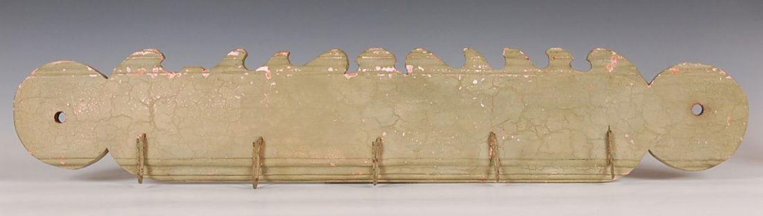 GAME/HERB RACK: Scalloped form with lollipop ends, 5 forged iron hooks. Pennsylvania. Measures 6 x 31.25 inches.