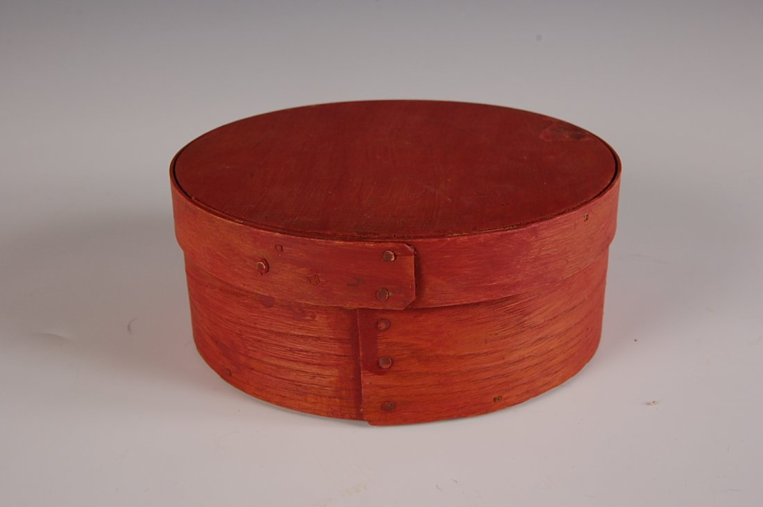 PANTRY BOX: Early red wash, copper tacks, round, pine and oak. Measures 2.75 x 6.5 inches.