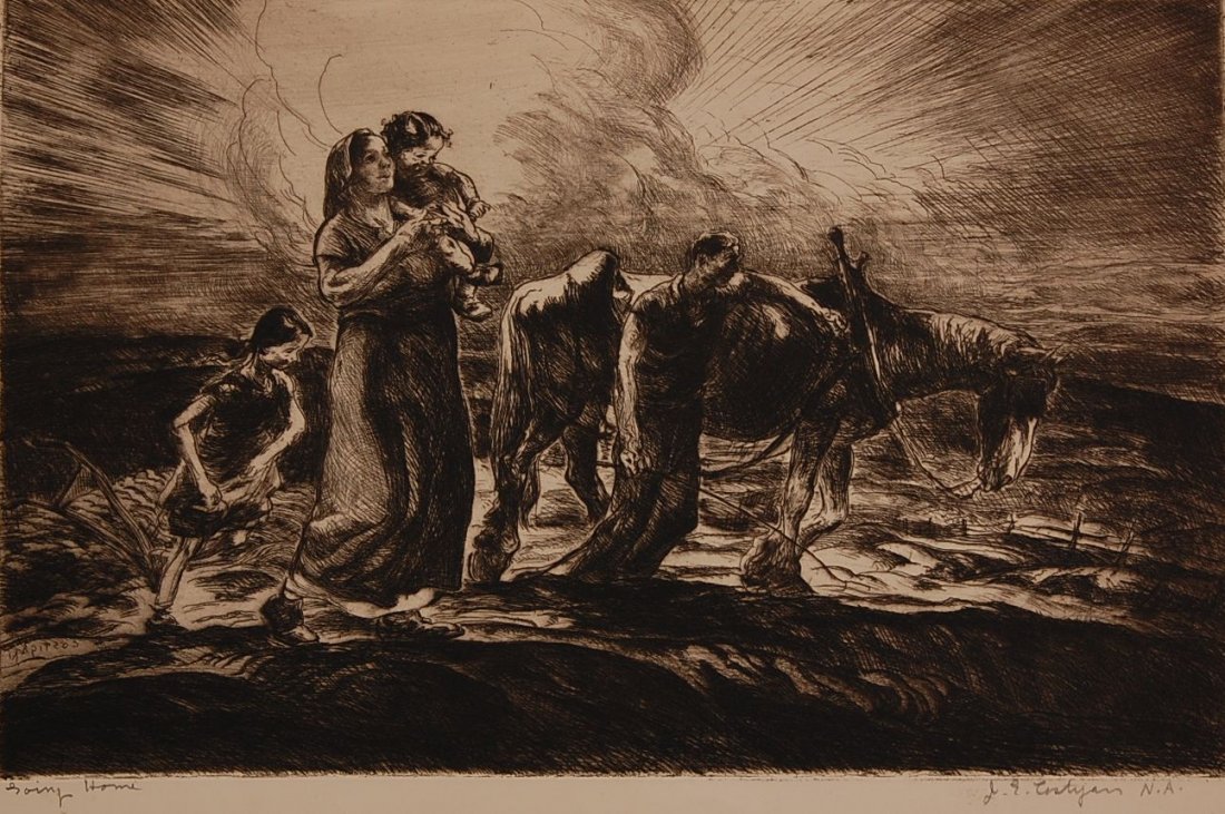 JOHN EDWARD COSTIGAN (1888-1972) PENCIL SIGNED ETCHING: Titled 'Going Home' in the lower left and signed 'J.E. Costigan N.A.' in the lower right. Image field 9 x 14, sheet size 12.5 x 17.25 inches.