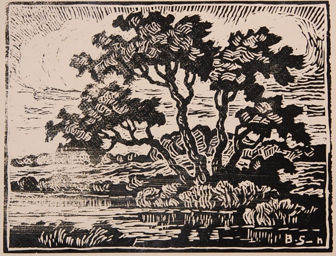 BIRGER SANDZEN (1871-1954) BLOCK PRINT: Initialed in the plate on the lower right, no pencil signature or title. Image size 6 x 7.75, sheet size 8.5 x 10 inches.