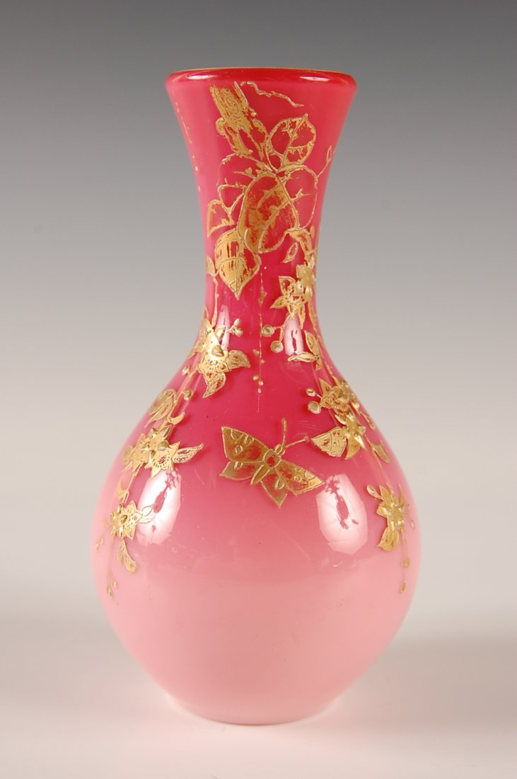 WEBB VICTORIAN ART GLASS VASE WITH GOLD ENAMEL: Measures 5.25 h x 2.75 w inches.